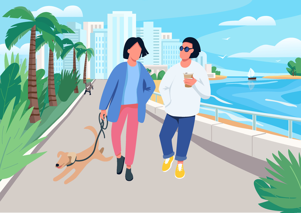 夫妇与狗沿着海滨平面彩色矢量插图散步热带度假小镇的夏季休闲活动男朋友和女朋友2D卡通人物背景是海滨ZIP文件包含EPSJPG如果您对定制设计感兴趣或想对购买产品进行一些调整请不